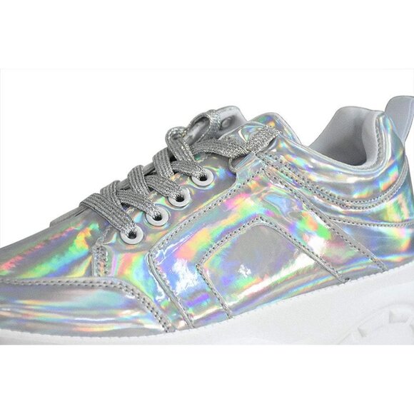 Lucky Step Women's Hologram Silver Platform Dad Casual Lace Up Walking Sneakers - Picture 5 of 9
